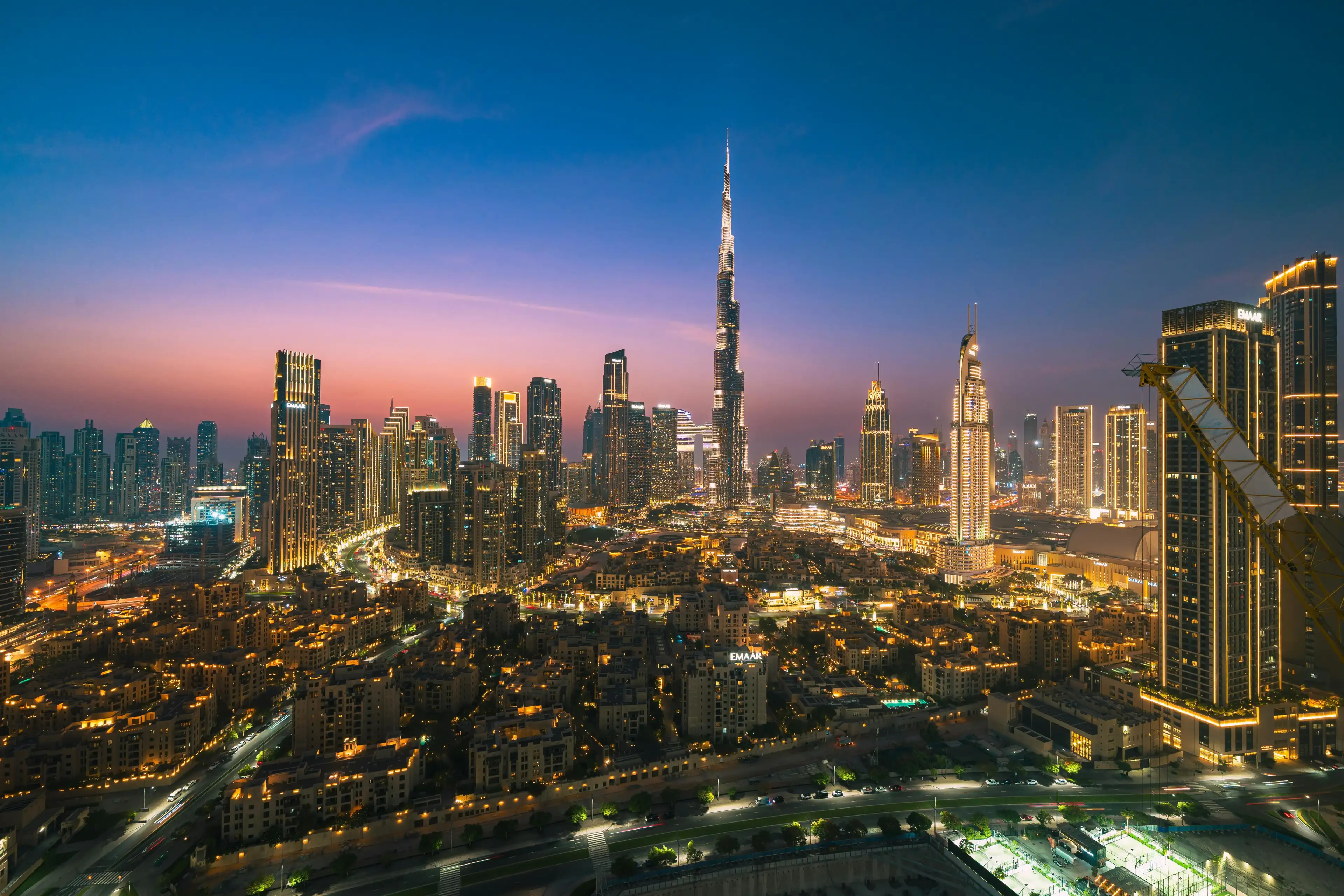 Global financial district skyline at dusk